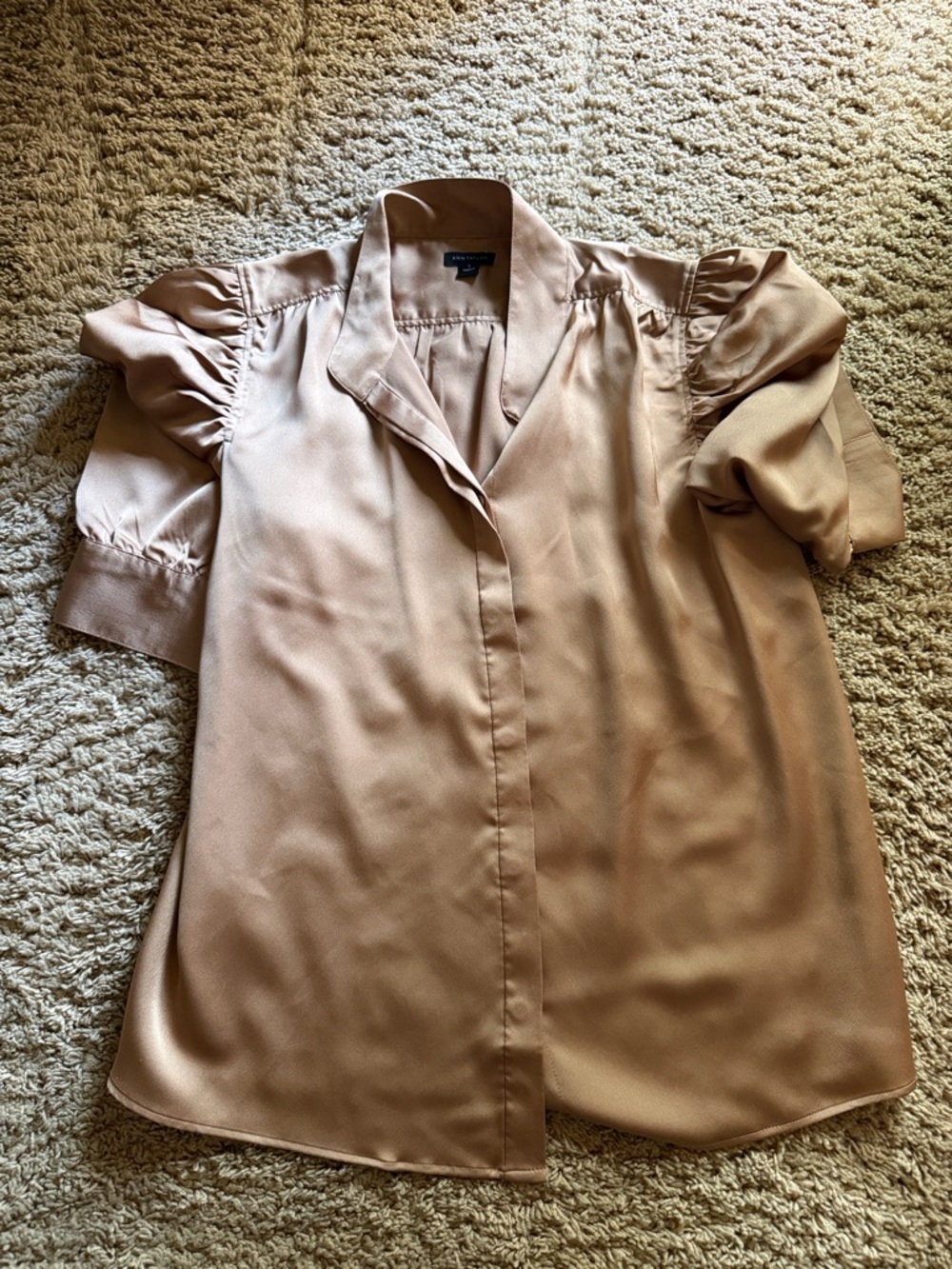 Ann Taylor Puff Sleeve Satin Blouse in Taupe Beige